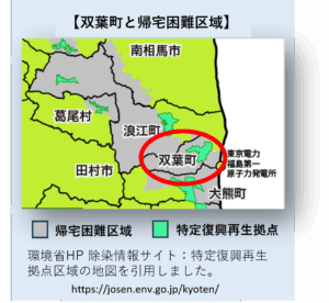 双葉町の帰宅困難区域と特定復興再生拠点の分布が分かるマップです。