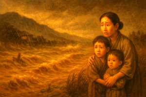 酒匂川が氾濫し、立ちすくむ二宮親子のイメージ画像です。