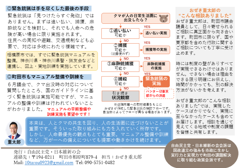 町田市の緊急銃猟への備えやクマ出没時の対応、マニュアル整備について紹介する議会レポート