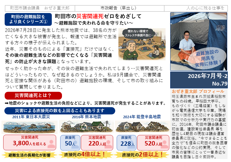 町田市の災害関連死ゼロを目指し避難施設の環境改善を取り上げた議会レポート