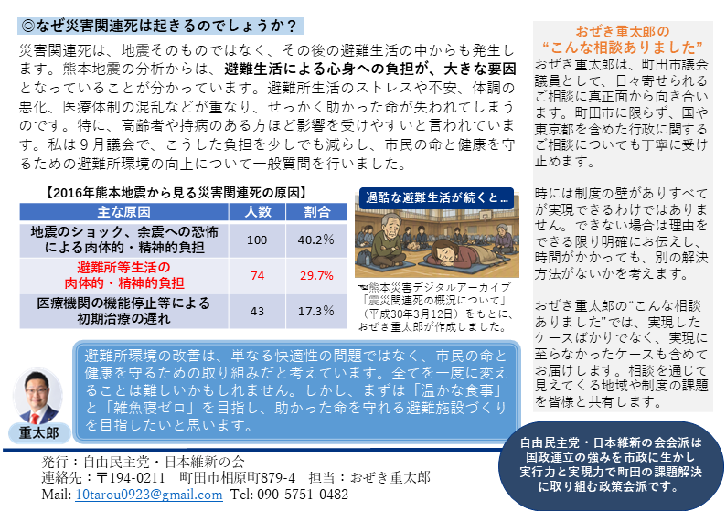 災害関連死の原因と町田市の避難施設改善について紹介する議会レポート